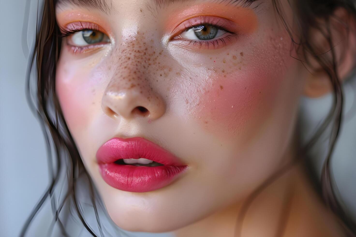 ai generado brillar resplandor hermosa mujer en elegante rosado maquillaje foto