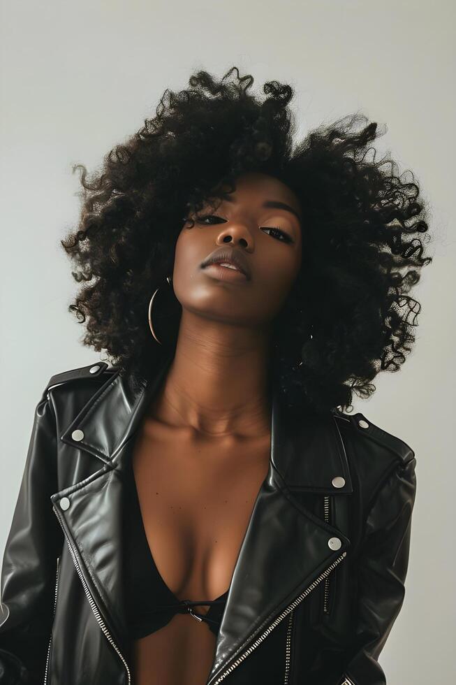 AI generated Black Model in Stylish Leather Jacket photo