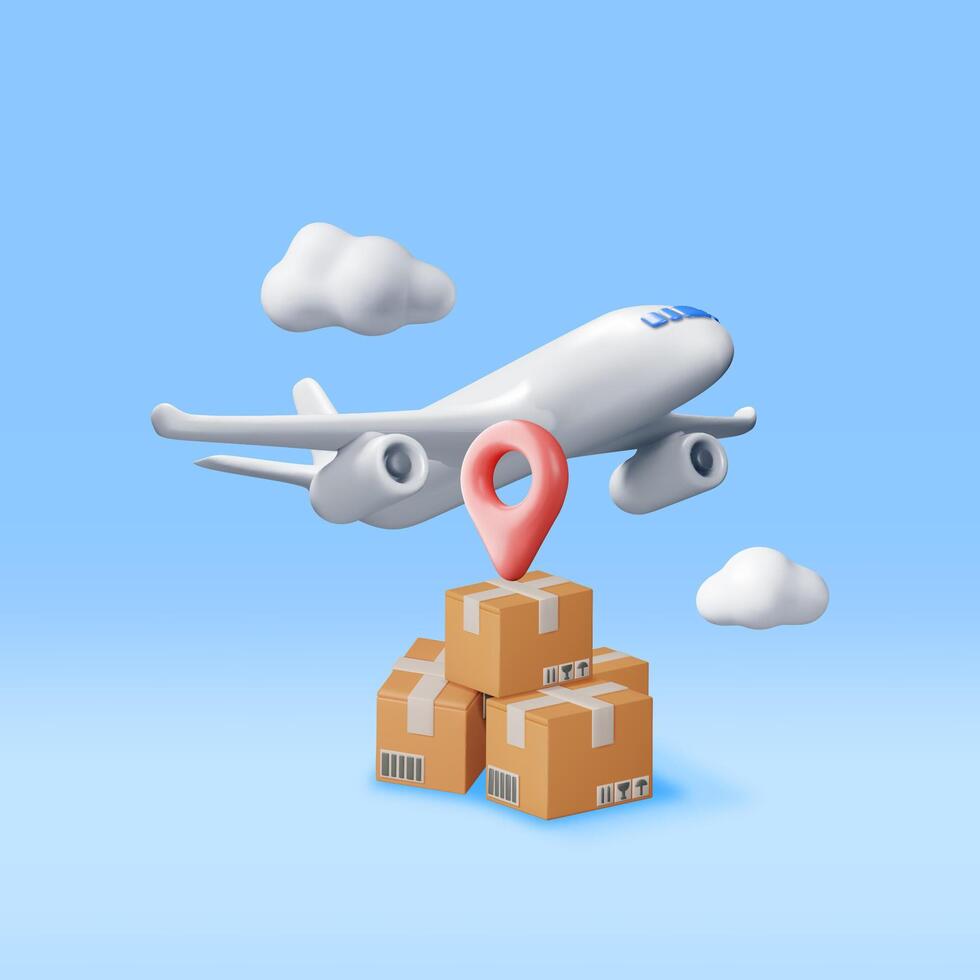 3D Delivery Airplane and Cardboard Boxes Isolated on White. Render Express Delivering Services Commercial Plane. Concept of Fast and Free Delivery by Aircraft. Cargo and Logistic. Vector Illustration