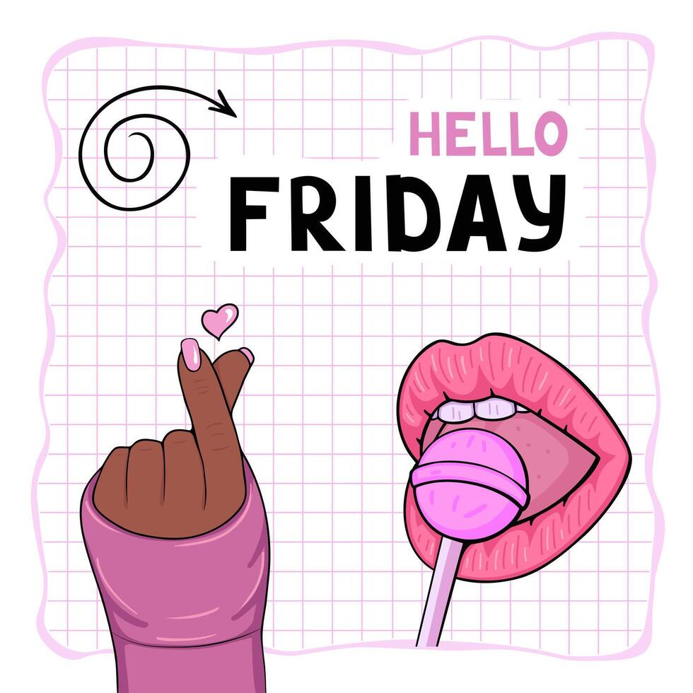 Hello friday, cute stickers. Illustration for printing, backgrounds, covers and packaging. Image can be used for greeting cards, posters, stickers and textile. Isolated on white background. vector