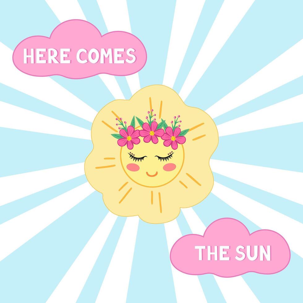Here comes the sun with clouds. Illustration for printing, backgrounds, covers and packaging. Image can be used for greeting cards, posters, stickers and textile. Isolated on white background. vector