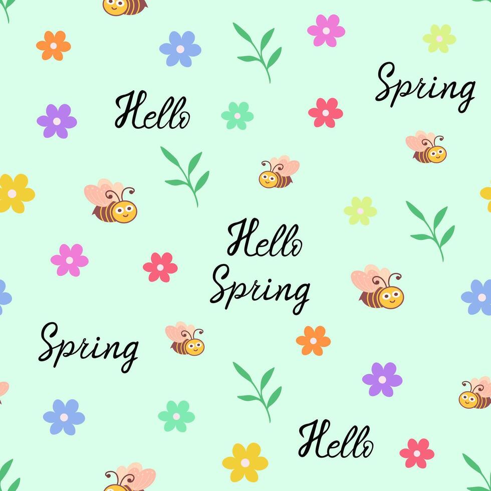 Hello spring, seamless pattern with flowers and bees. Illustration for printing, backgrounds, covers and packaging. Image can be used for card, poster and sticker. Isolated on white background. vector