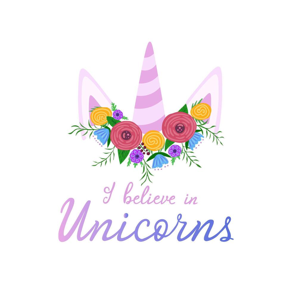 yo creer en unicornio, escrito texto, cuerno con flores ilustración para antecedentes y embalaje. imagen lata ser usado para tarjetas, carteles, pegatinas y textil. aislado en blanco antecedentes. vector