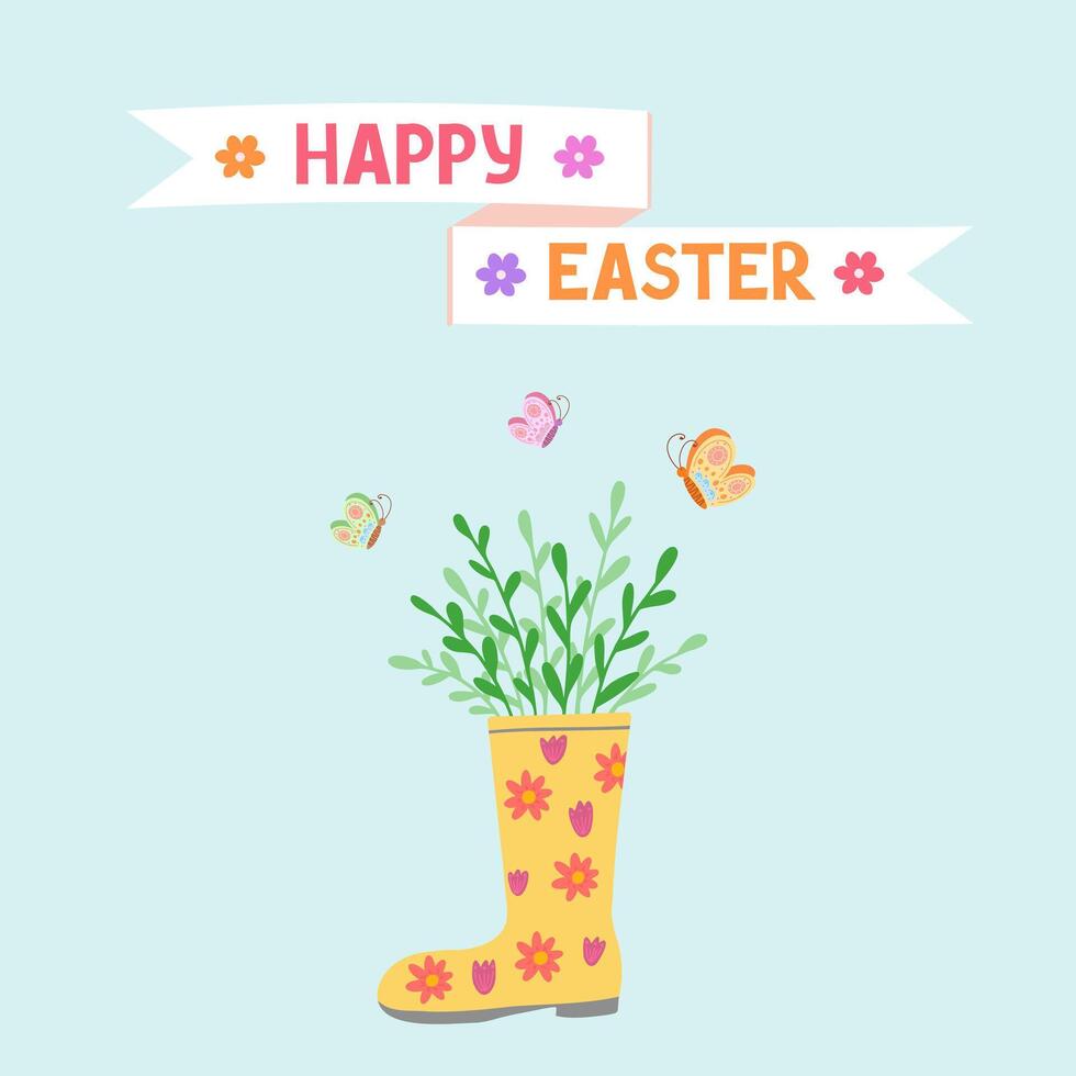 Happy Easter, boot with flowers and butterflies. Illustration for printing, backgrounds and packaging. Image can be used for greeting cards, posters and stickers. Isolated on white background. vector