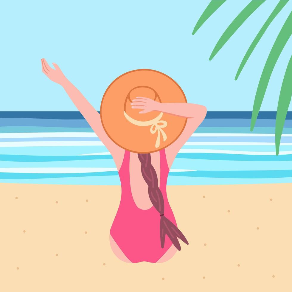 niña en sombrero sentar en playa y ver en mar. verano tiempo. ilustración para impresión, antecedentes, cubre y embalaje. imagen lata ser usado para tarjeta, póster y pegatina. aislado en blanco antecedentes. vector