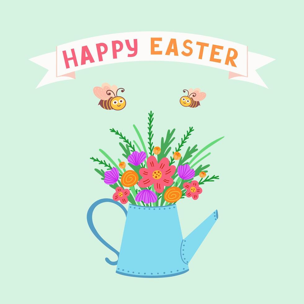 Happy Easter, flowers in watering can. Illustration for printing, backgrounds, covers and packaging. Image can be used for greeting cards, posters and stickers. Isolated on white background. vector