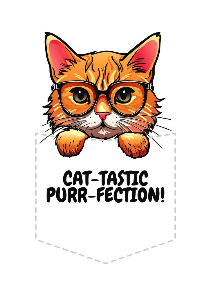 Red cat wearing sunglasses, in the pocket. Cool print with playful vibes. Perfect for shirts and other clothe adding humor and charm to any design. Not AI. vector