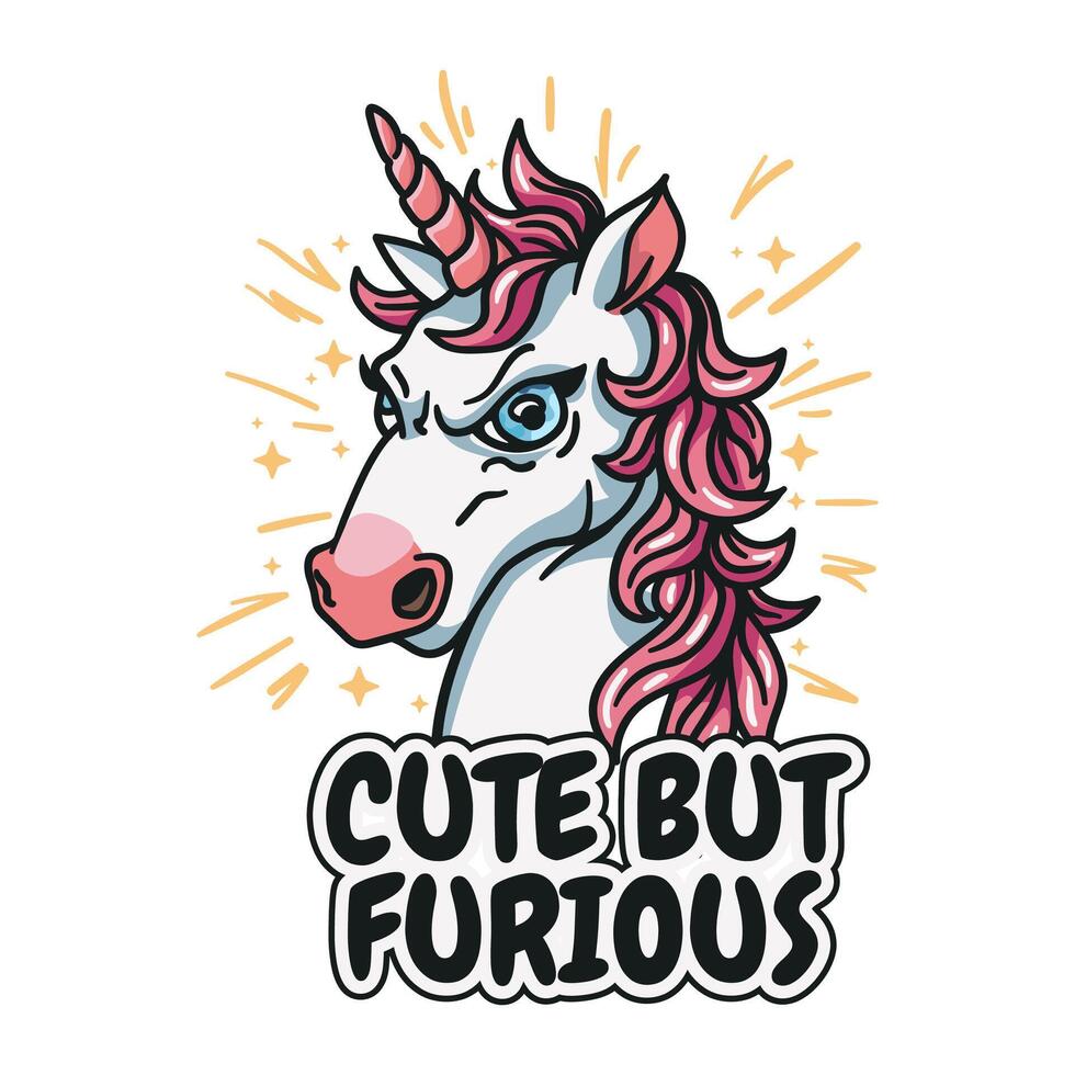 un dibujos animados unicornio ilustración para un linda y de moda t camisa diseño. eslogan linda pero furioso. el enojado pero adorable personaje con un bocina, estrellas, y un mágico tocar. Perfecto para niños no ai. vector