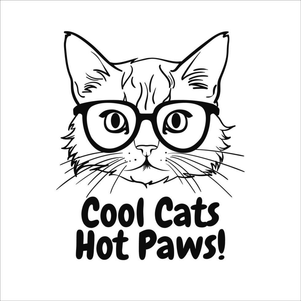 Line art. A hipster cat with sunglasses, exuding cool vibes in a cute Outline vector illustration. Paw prints. Perfect for shirts and posters, adding humor and charm. Not AI.