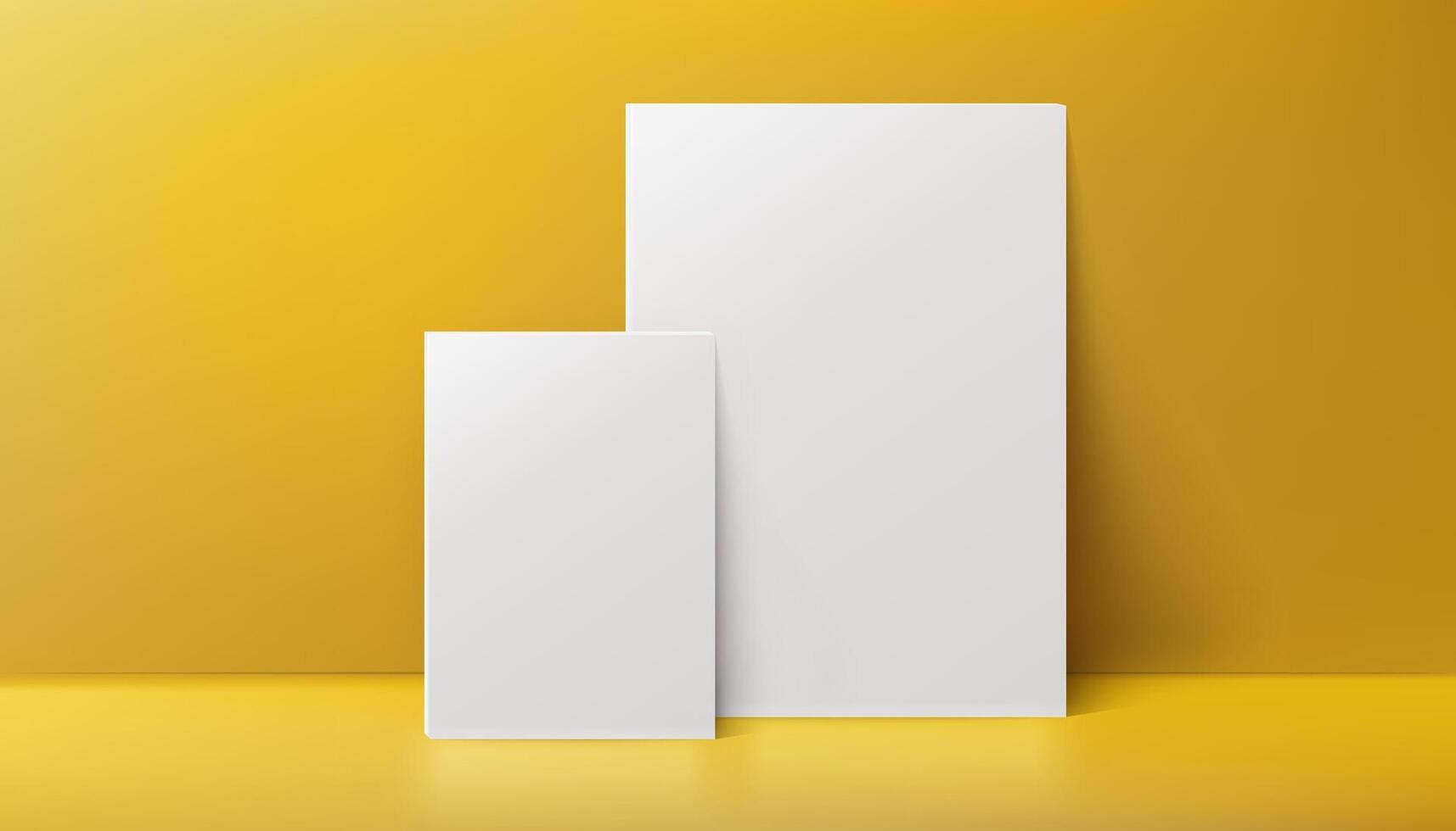 A realistic canvas mockup with blank space, by the wall on yellow background, perfect for posters, art projects, paintings, presentations, marketing materials. Not AI. vector