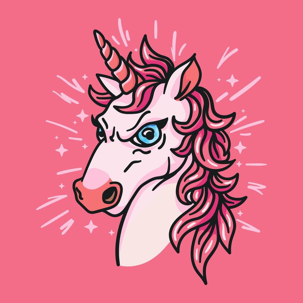 A cartoon unicorn illustration for a cute and trendy t shirt design. The angry but adorable character with a horn, stars, and a magical touch. Perfect for kids Not AI. vector