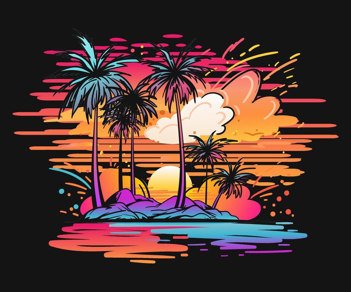 Vibrant paint splashes depicting island landscape with palm trees on black background. Ideal for travel posters t shirt prints and vacation designs, adding a hand drawn touch to any project. Not AI. vector