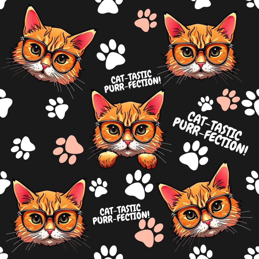 un linda negro sin costura vector modelo con pata huellas dactilares y dibujos animados rojo gatos vistiendo lentes. ideal para fondos de pantalla, telas, y decorativo elementos, agregando divertido y encanto a ninguna diseño. no ai.