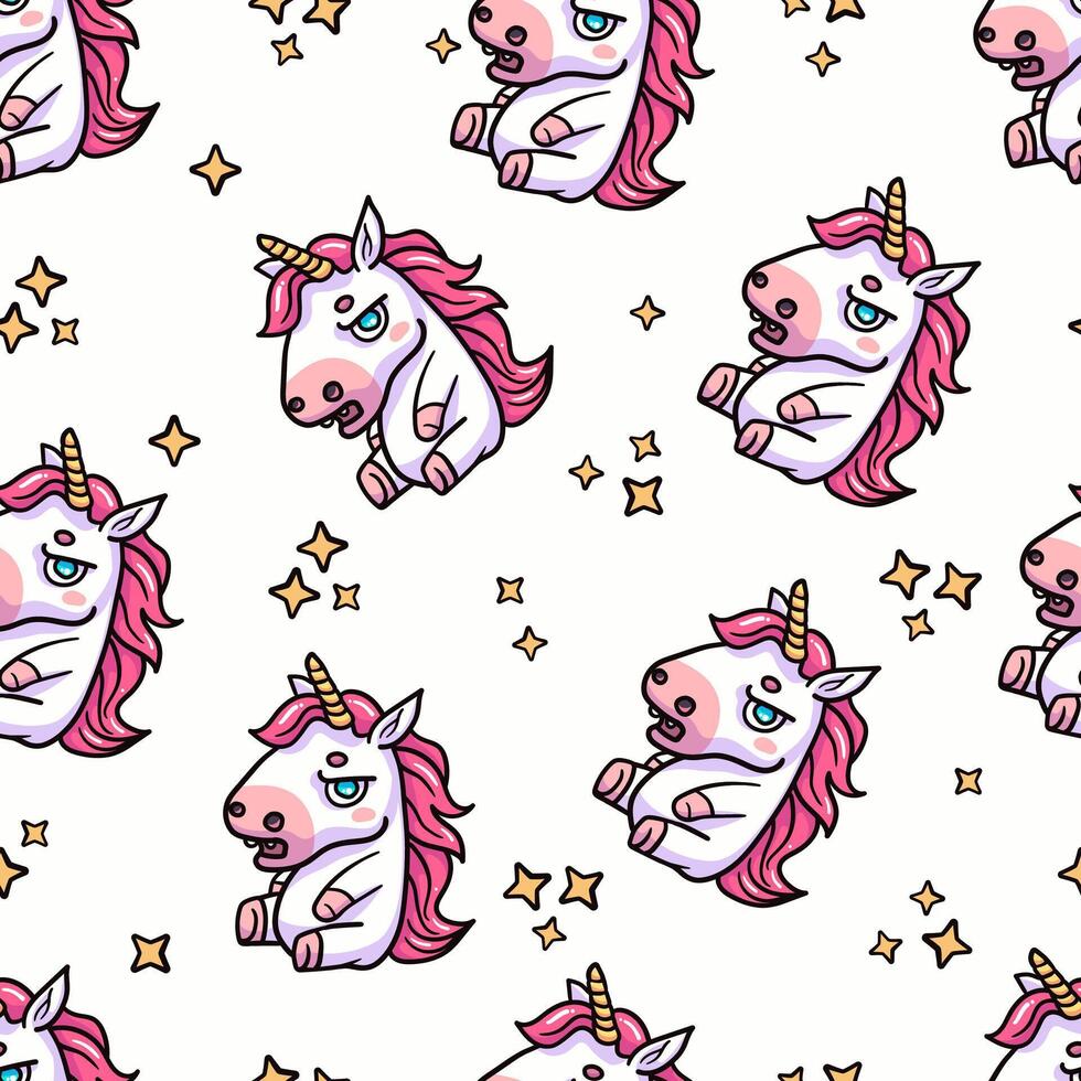 A grumpy unicorn seamless pattern. Cute fantasy background. Adding humor and charm to fantasy designs. Perfect for prints, clothe, wrapping paper. Not AI. vector