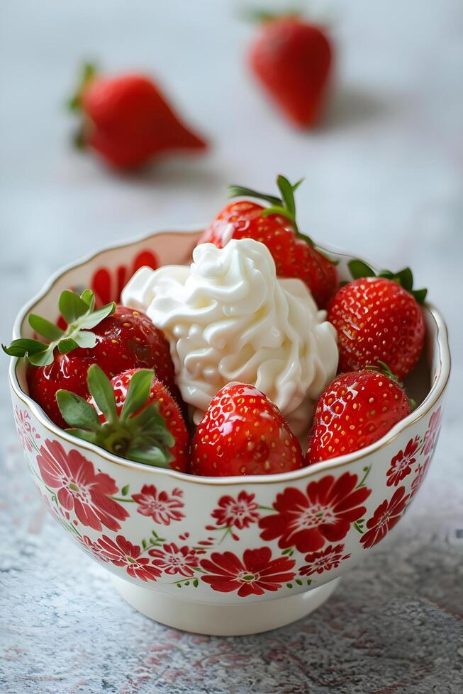 ai generado Fresco fresas con azotado crema cuenco foto