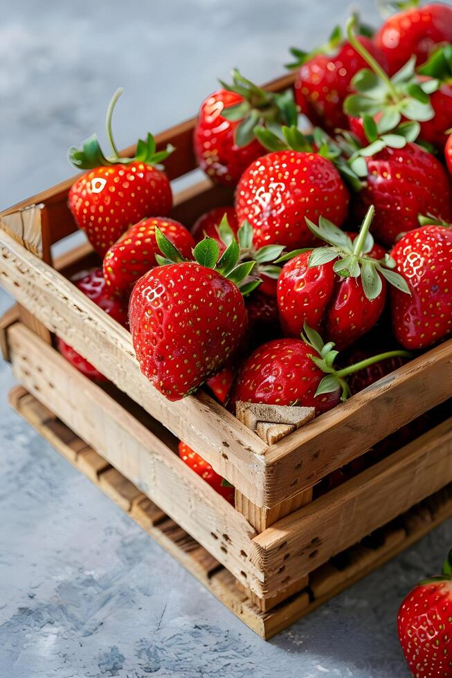 AI generated Ripe Red Strawberries in Wooden Crate photo