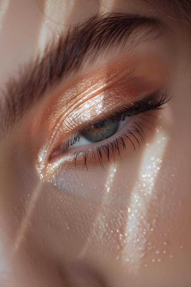 AI generated Peachy Gaze Subtle Eyeshadow and Wispy Lashes in a Close-Up Banner photo