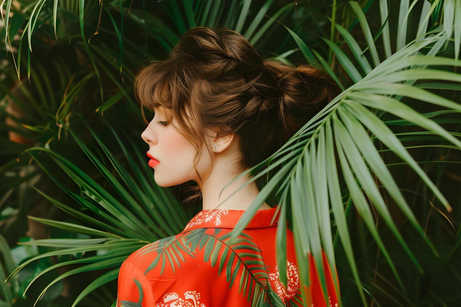 AI generated Elegant Pose with Lush Green Palm Tree photo