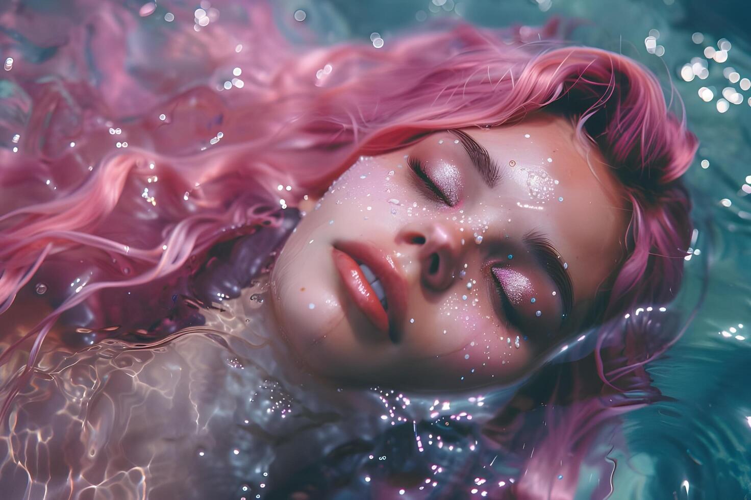 AI generated Pink Serenity Mermaid Model with Flowing Hair photo