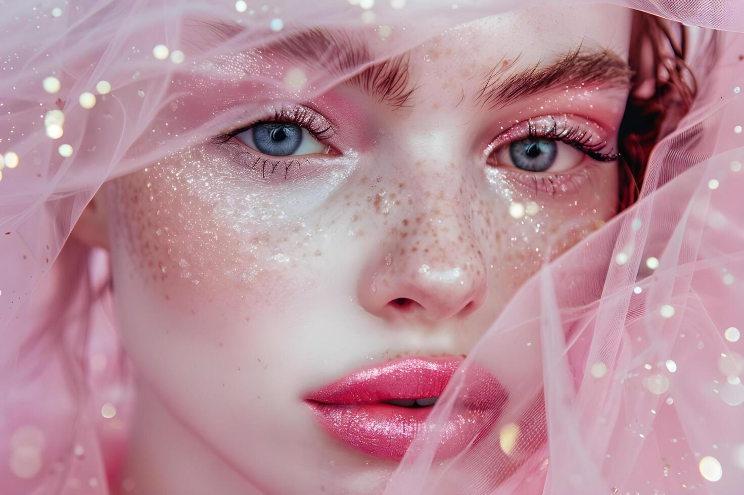 AI generated Sparkle Radiance Beautiful Woman in Elegant Pink Makeup photo
