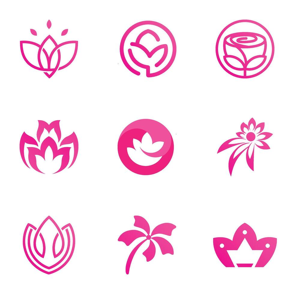 Pink flower symbol, flat style pink color vector icon object. Floral label with petals, wellness, health and yoga industry or meditation logo, isolated on white background.