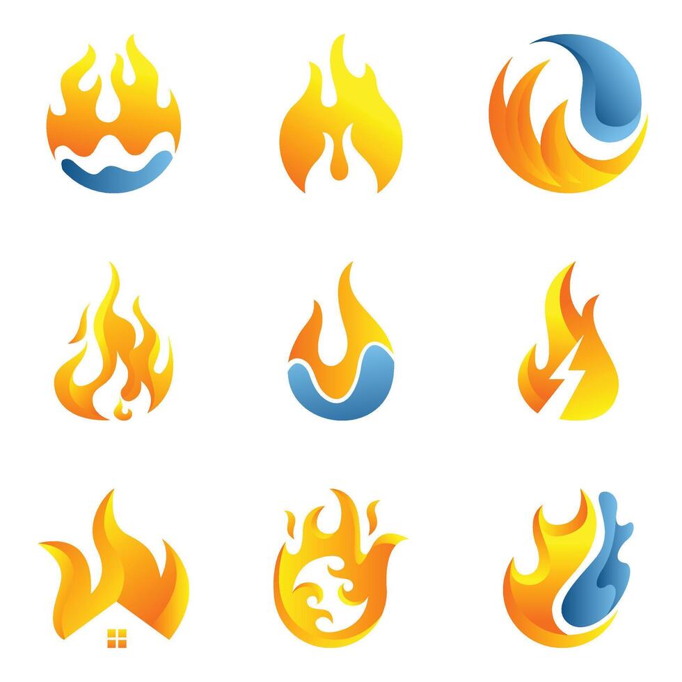 fuego llamas, brillante bola de fuego, dibujos animados hoguera calor aislado icono. vector fuego fatuo y rojo caliente hoguera. espumoso encender, furioso inflamable ardiente combustión