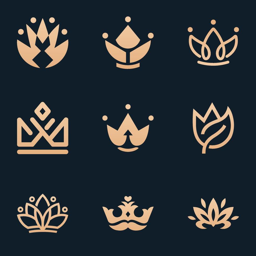 Vector flowwer logo design templates with crown shape and emblems in trendy linear style in golden colors on black background - floral and natural cosmetics concepts and alternative symbols