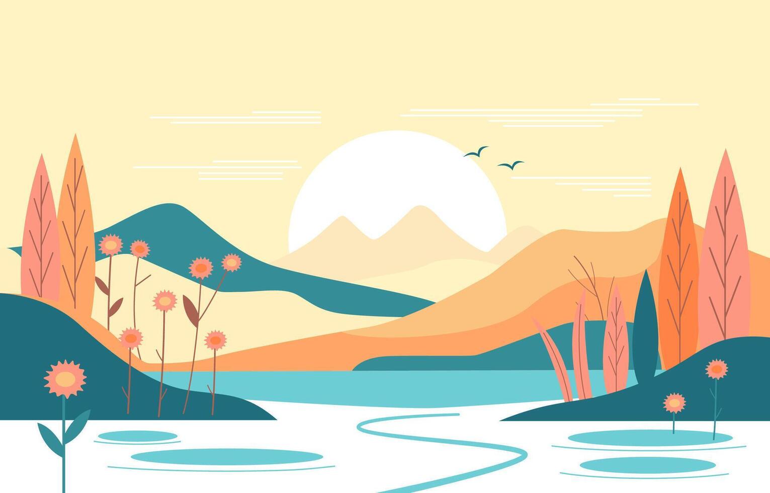 Flat Design Illustration of Hills Mountain View with Sun in Summer vector