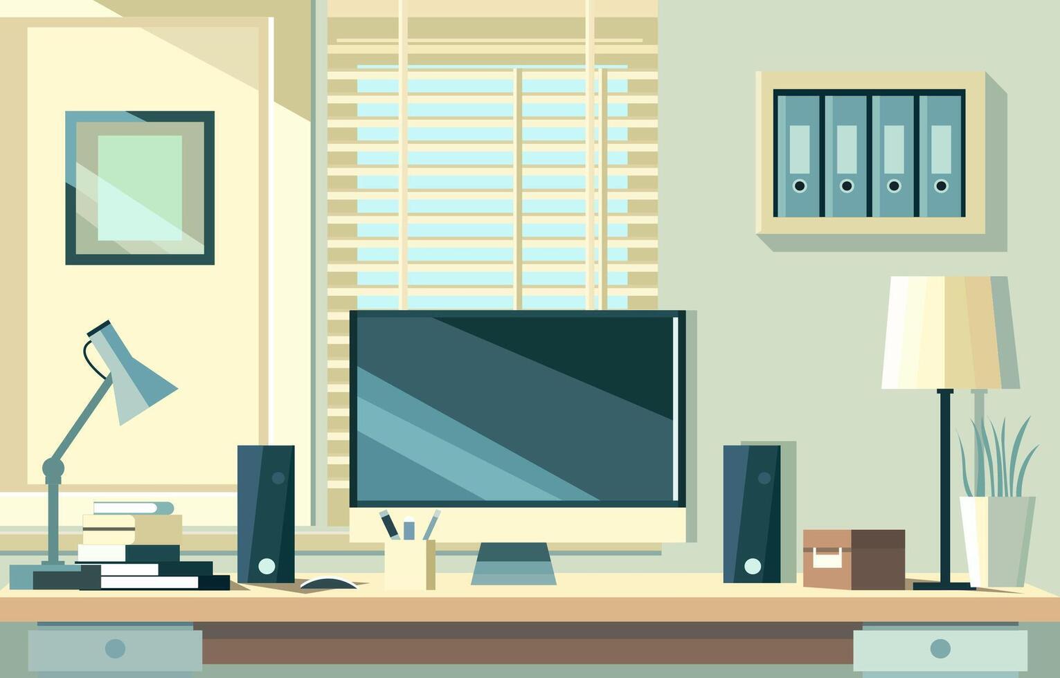 Flat Design Illustration of Workspace Landscape with Monitor and Stationery on Office Desk vector