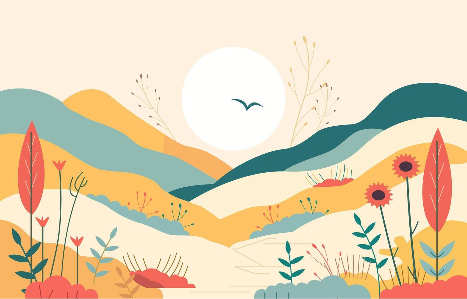 Flat Design Illustration of Beautiful Colorful Hills with Flowering Plant in Summer vector