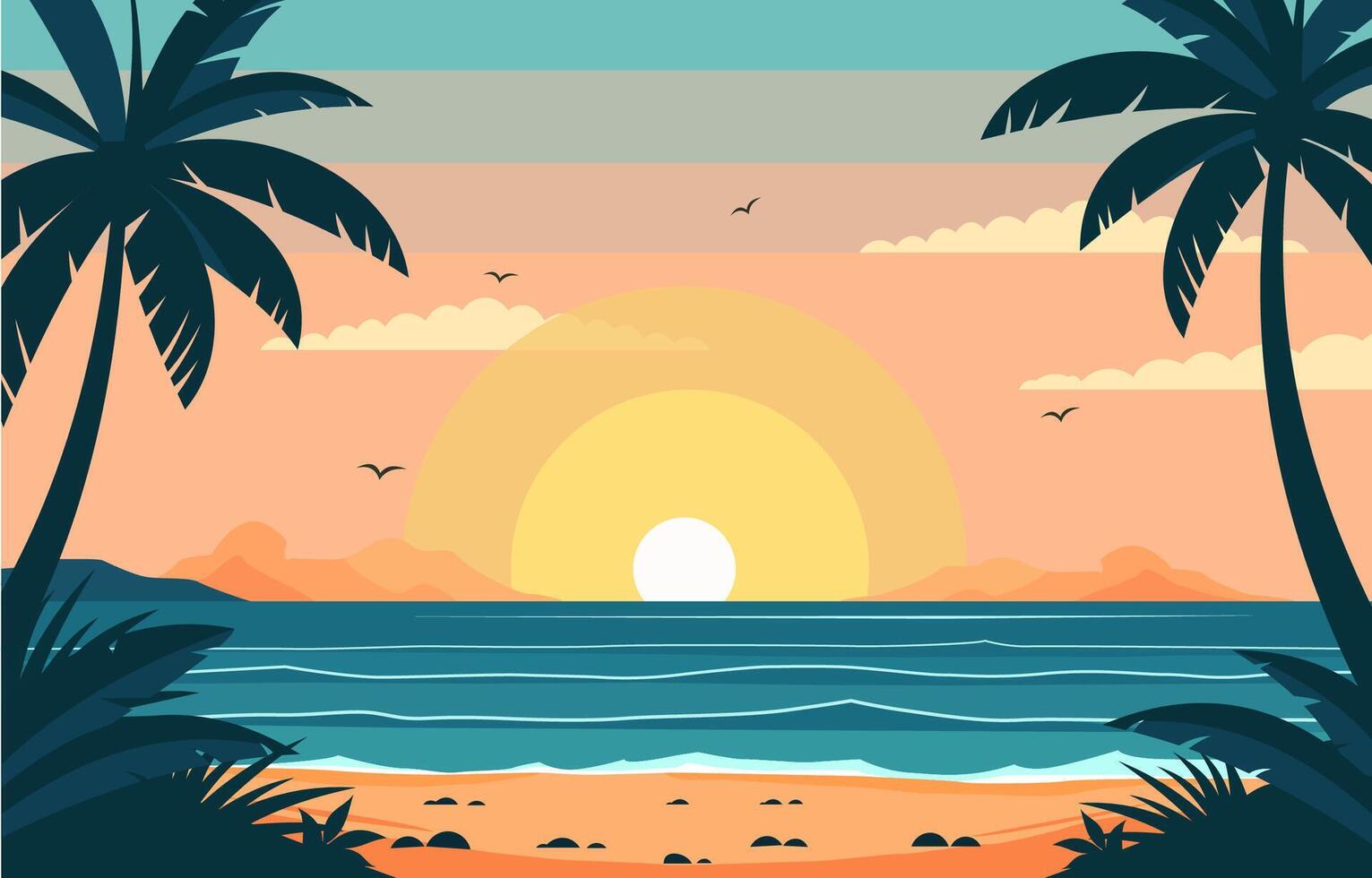 Flat Design of Sea Ocean Landscape at Sunset with Water Waves vector