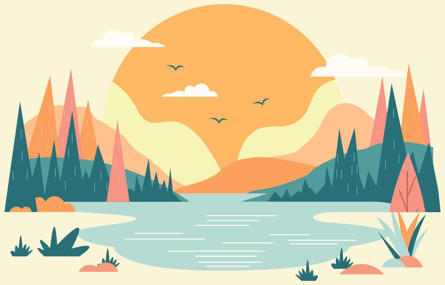 Vector Illustration Design of Lake River Landscape with Big Sun in Summer