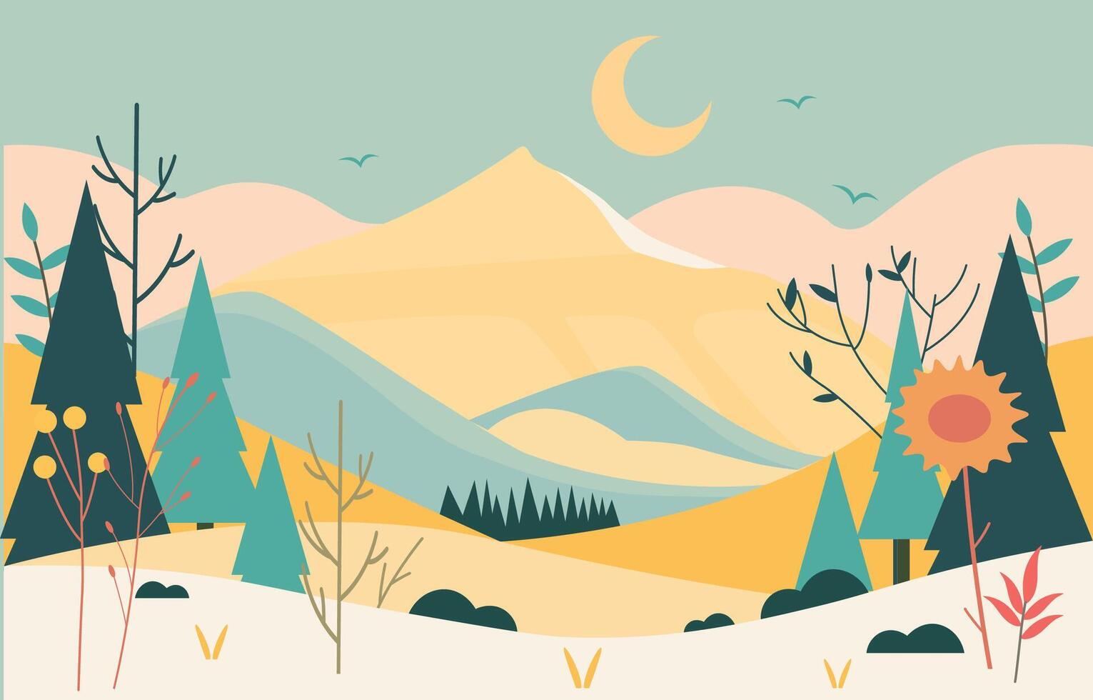 plano diseño ilustración de montaña naturaleza paisaje en primavera con creciente Luna vector