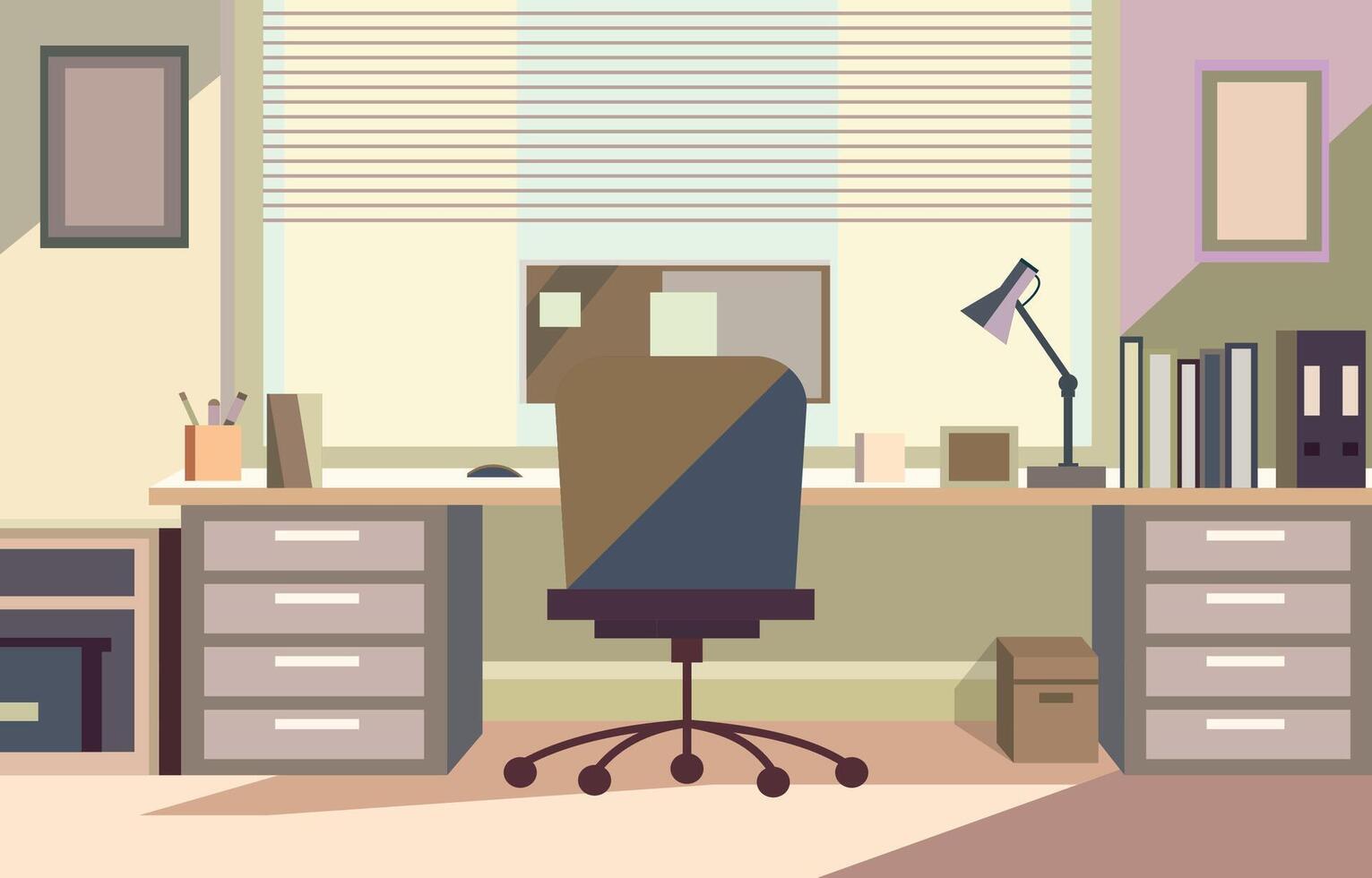 plano vector diseño de lugar de trabajo paisaje en el oficina con computadora y libros en un escritorio
