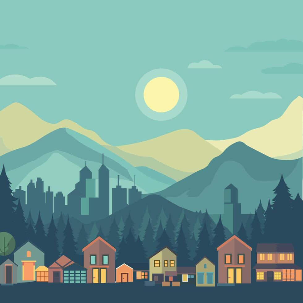 House Home Building with Mountain Nature View Flat Design Illustration vector