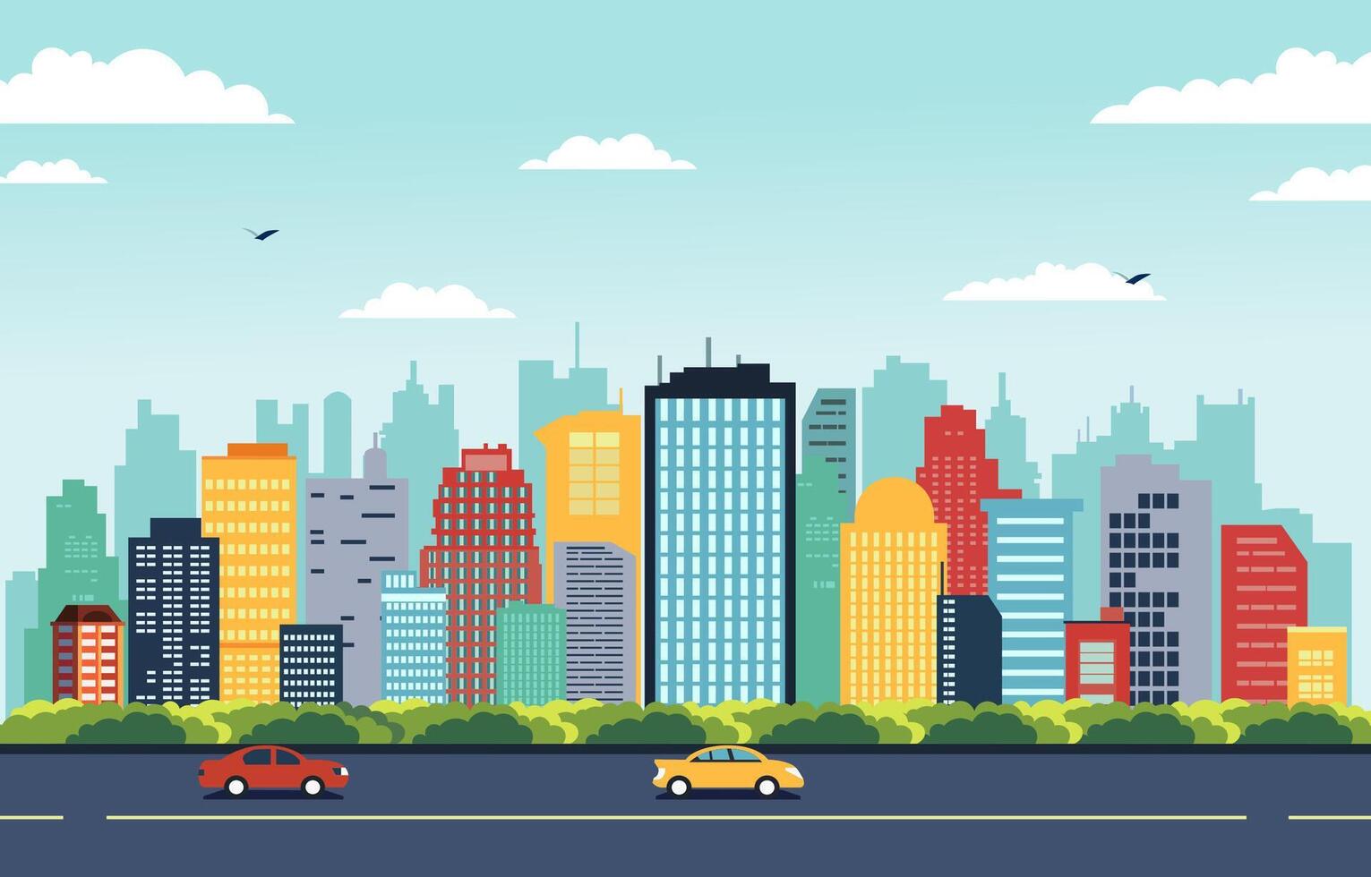 Highway Street in City with Skyscrapers Building in Bright Day Flat Design Illustration.eps vector