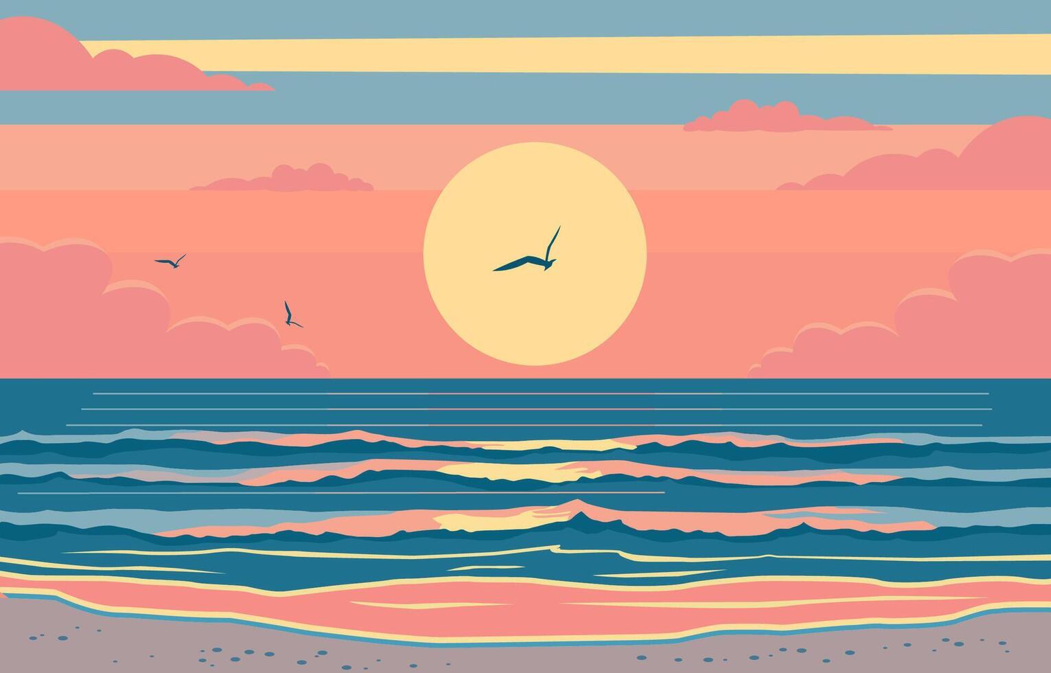 plano diseño de puesta de sol a playa en verano con Gaviota y ola vector