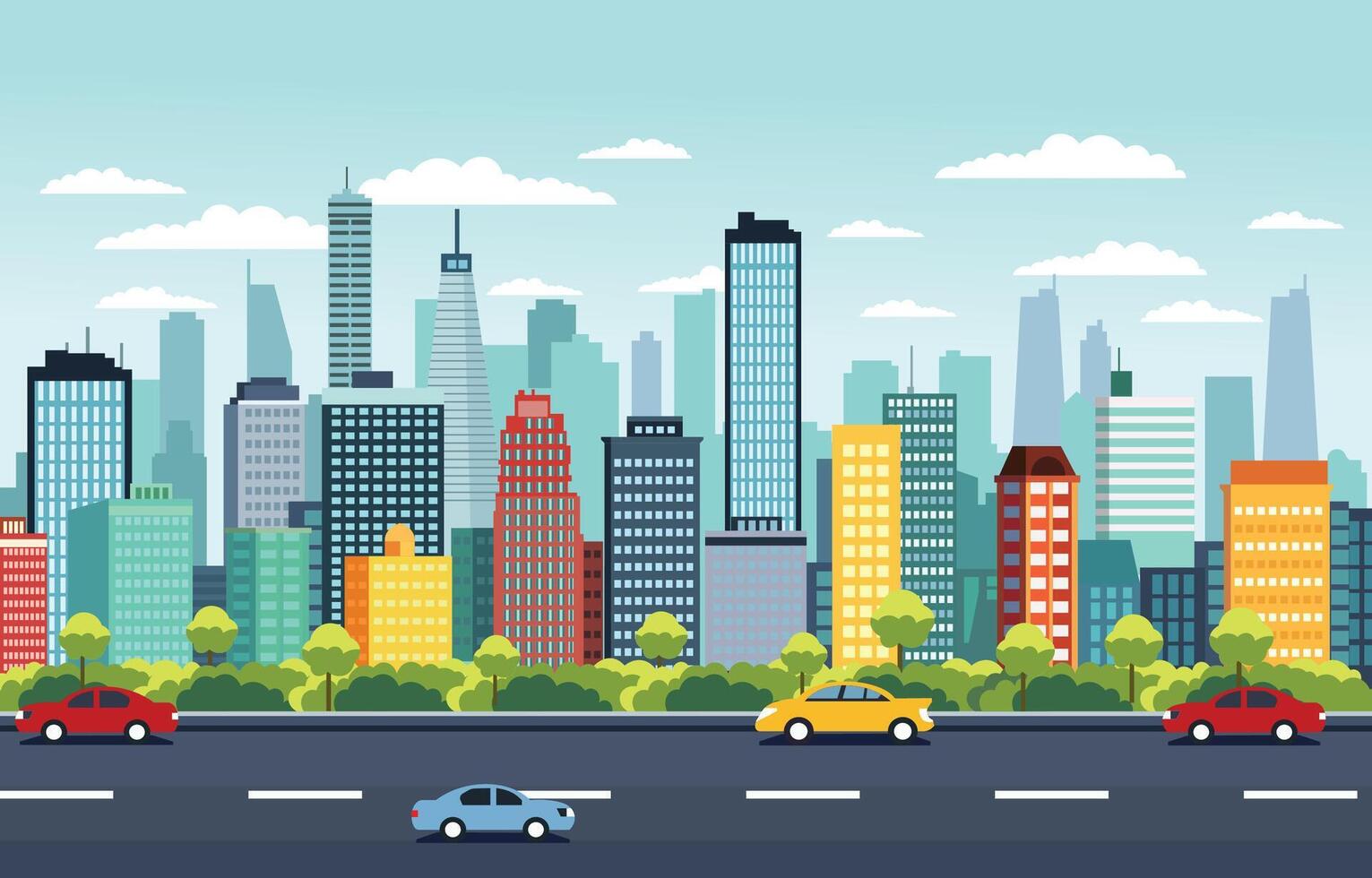 tráfico la carretera en ciudad edificio paisaje urbano plano diseño vector