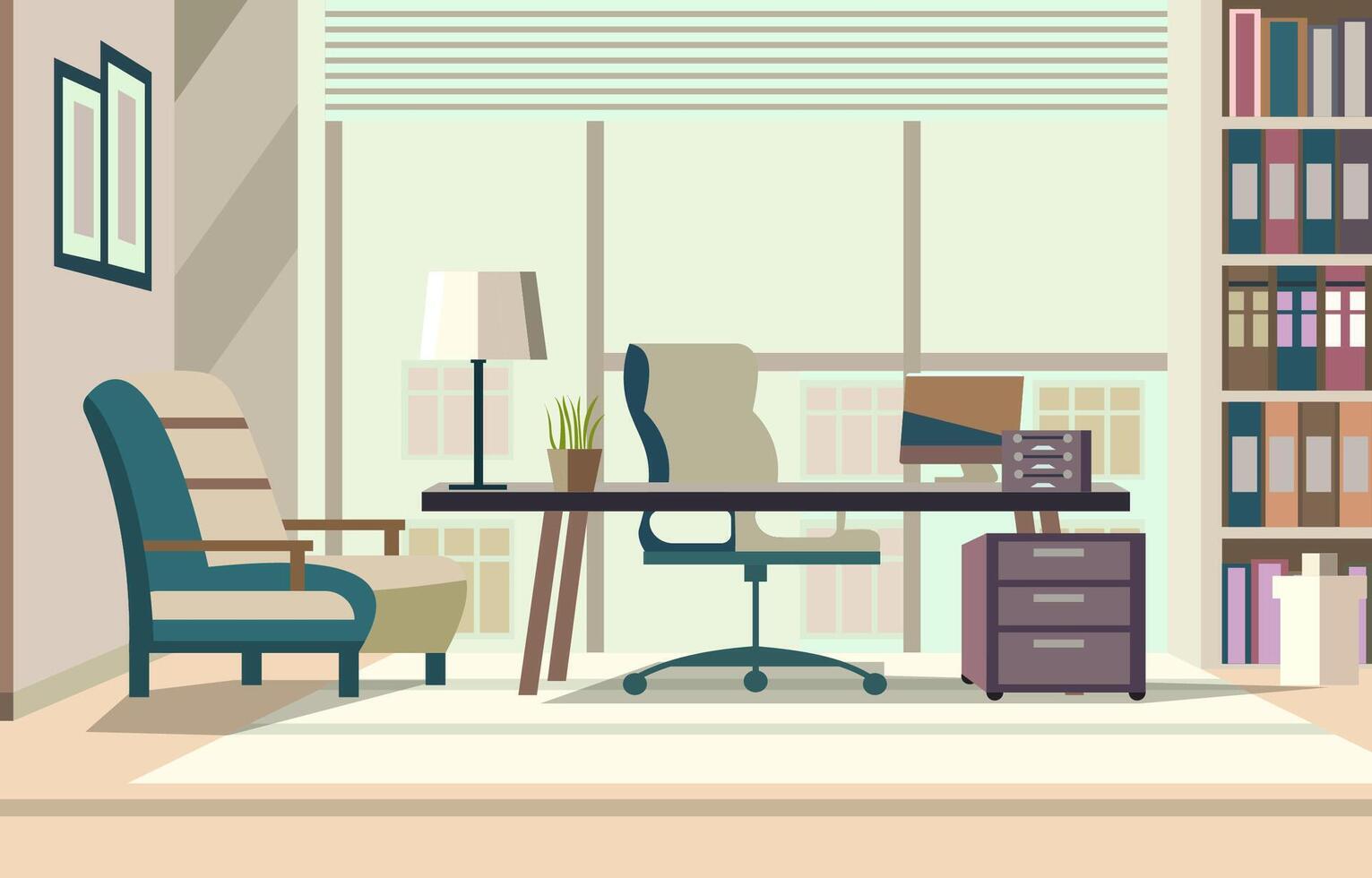 Flat Vector Design of Workplace Landscape in the Office with Modern Furniture