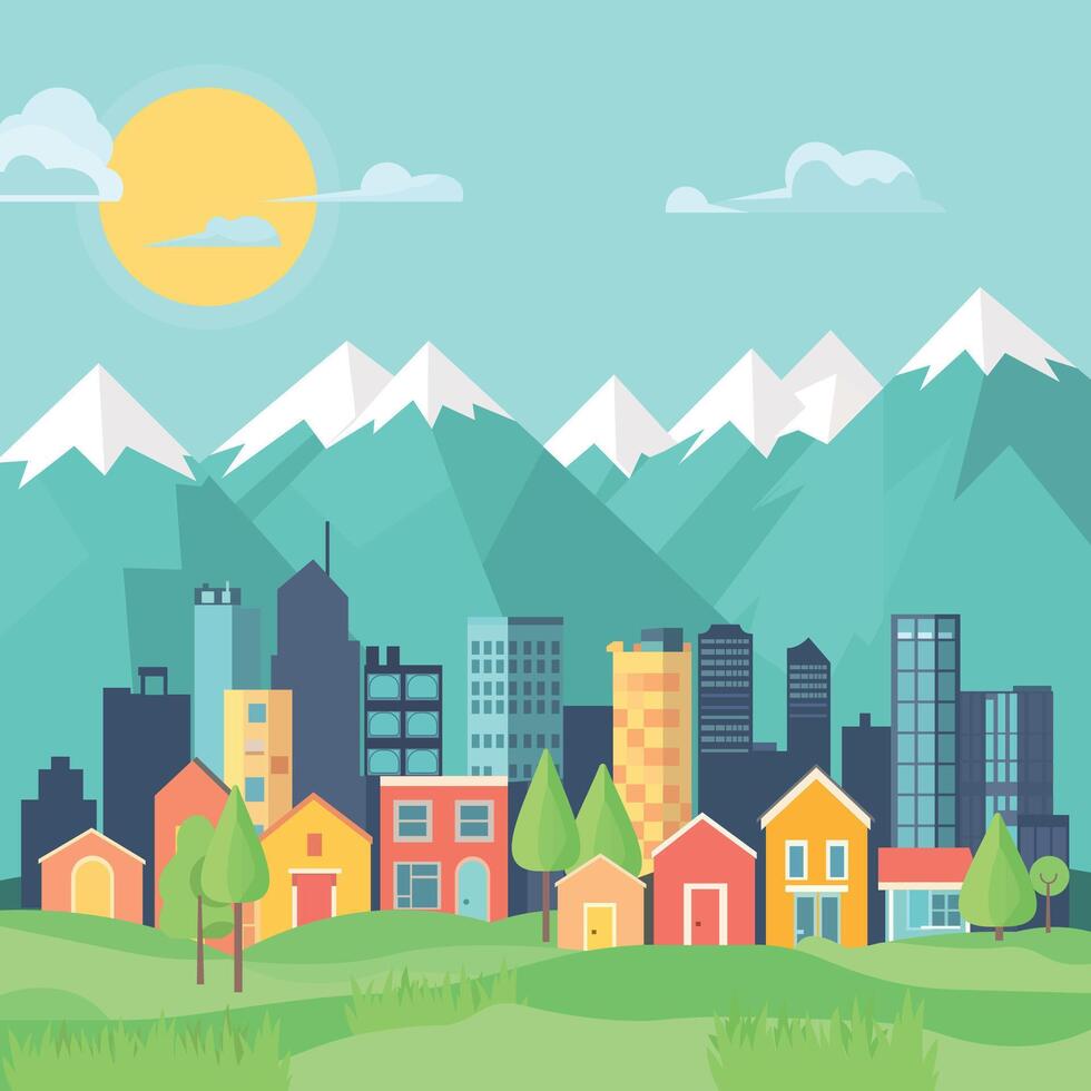 House Home and City Building with Mountain Landscape in Bright Day Flat Design vector