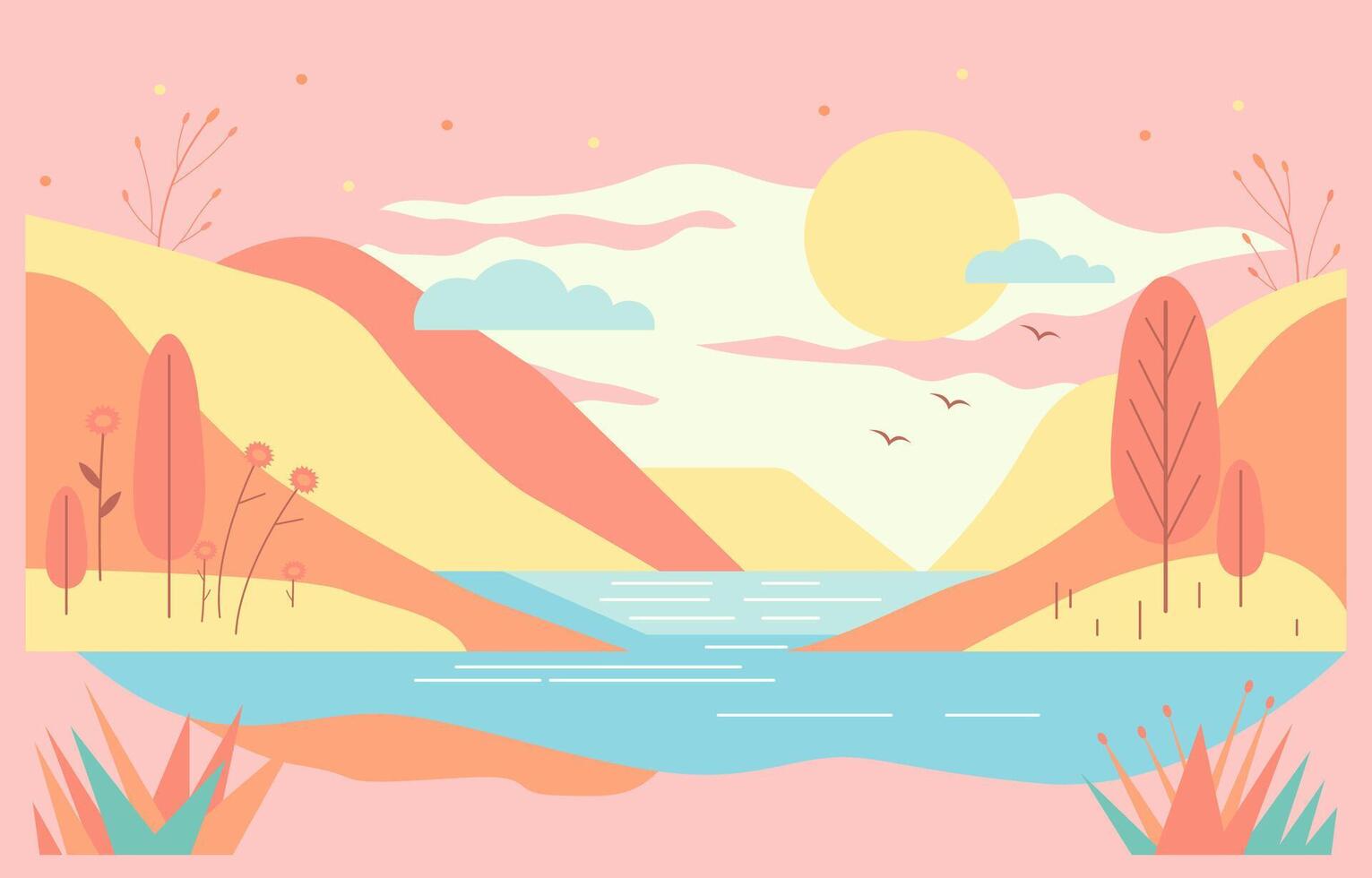 Flat Design Illustration of Lake River View with Hills in Summer vector