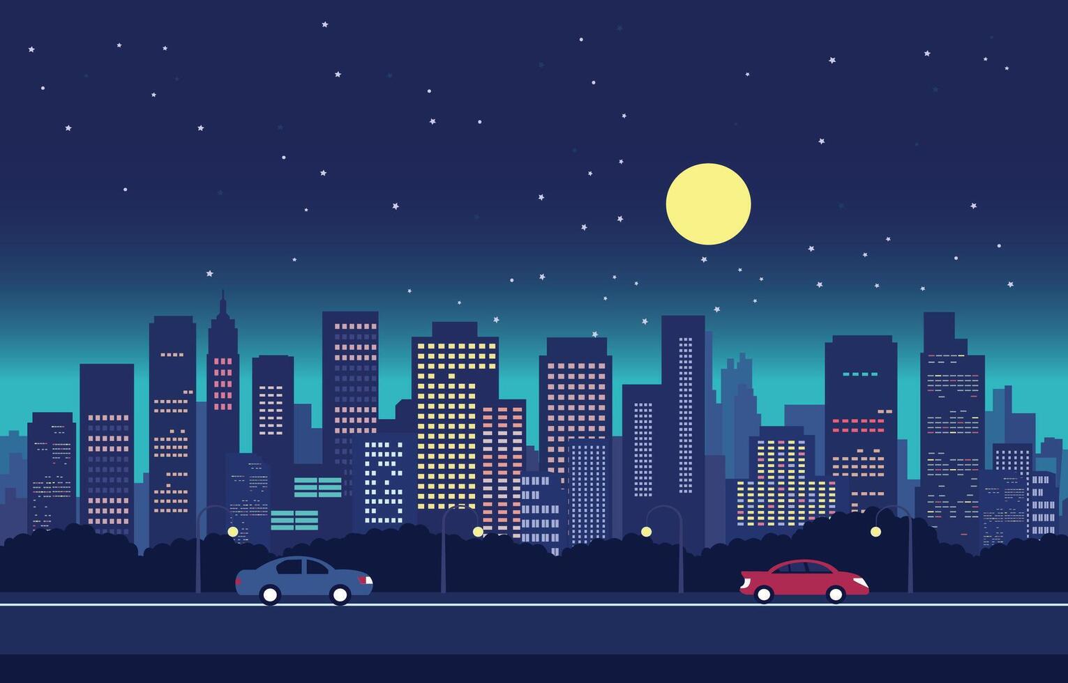 tráfico la carretera en ciudad a noche con lleno Luna plano diseño ilustración vector