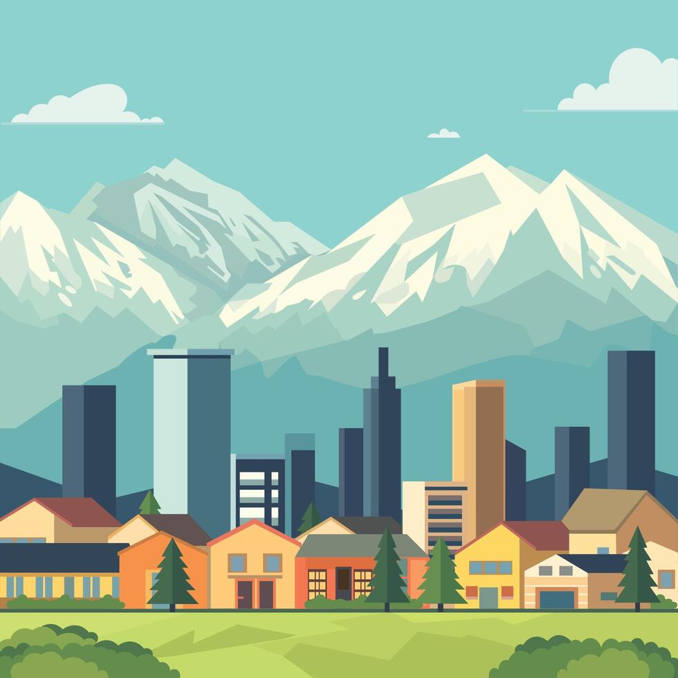 House and City Building with Mountain Landscape Flat Design vector