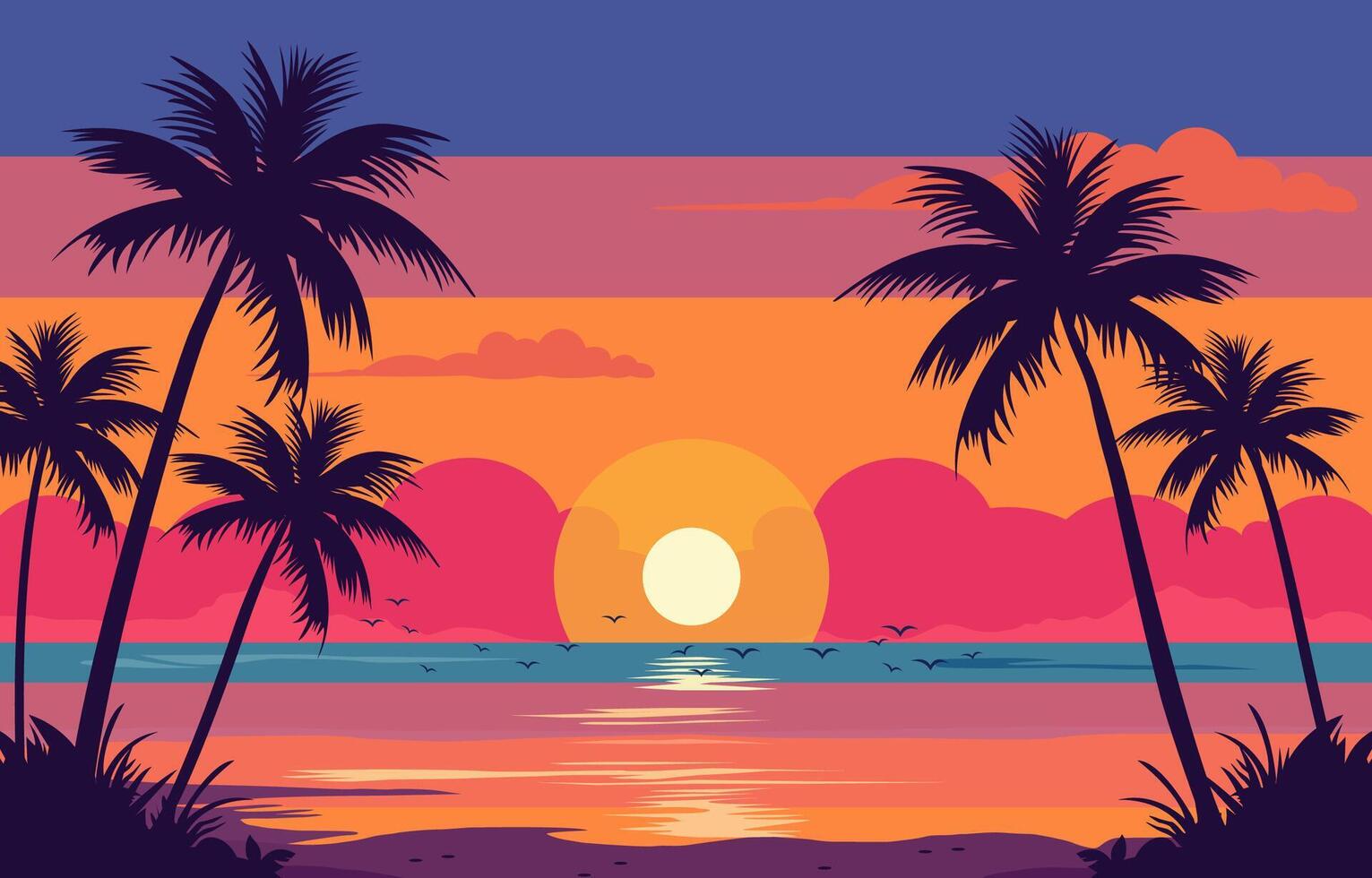 Flat Design of Sea Nature Landscape with Beautiful Colorful Sky at Sunset vector