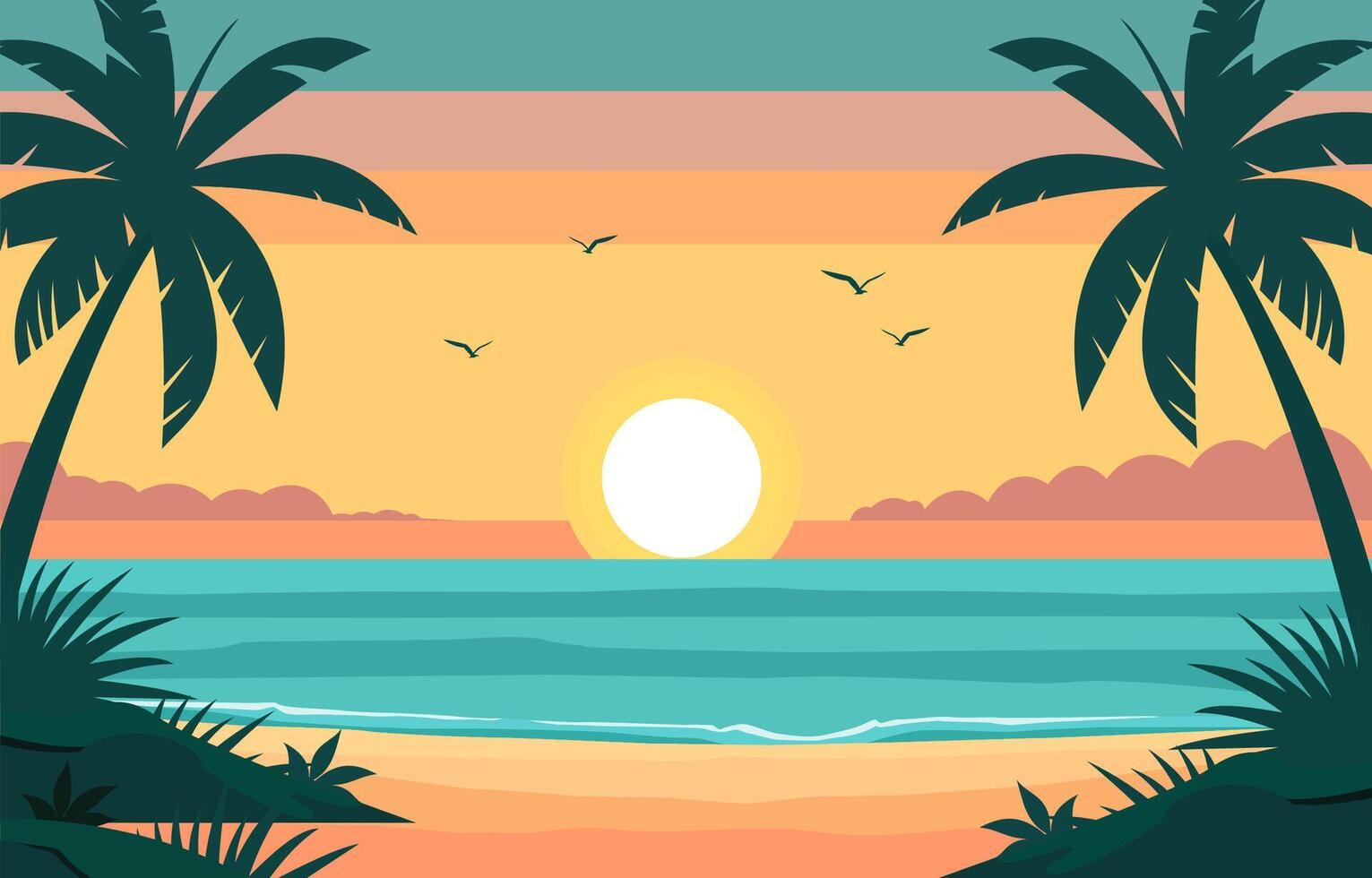 Flat Design of Sea Nature Landscape at Sunset with Palm Trees vector