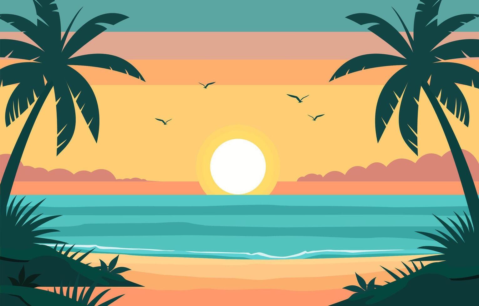 Flat Design of Sea Nature Landscape at Sunset with Palm Trees vector