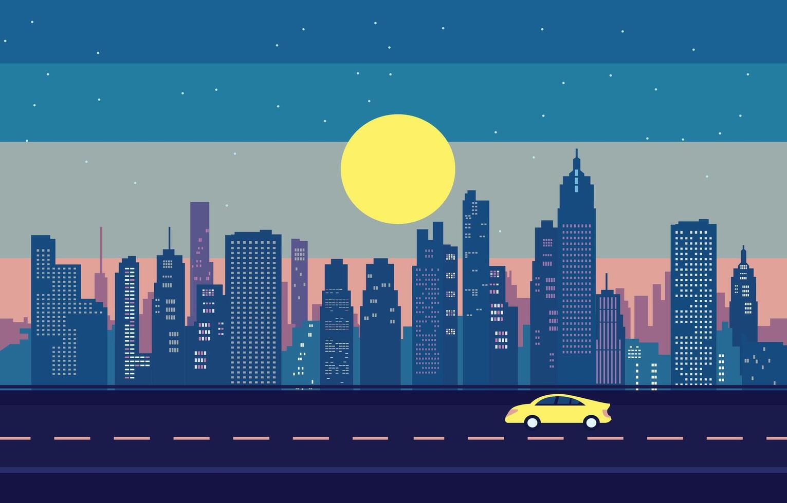 tráfico la carretera en ciudad a noche con rascacielos edificio plano diseño ilustración vector