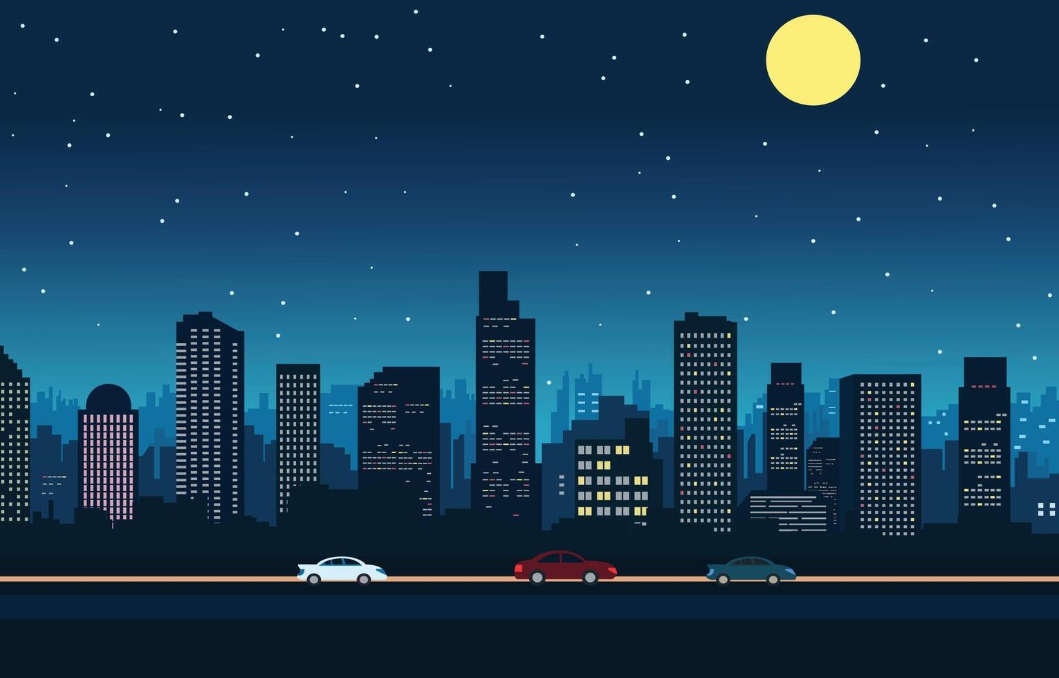 tráfico la carretera en ciudad a noche con rascacielos paisaje plano diseño ilustración vector