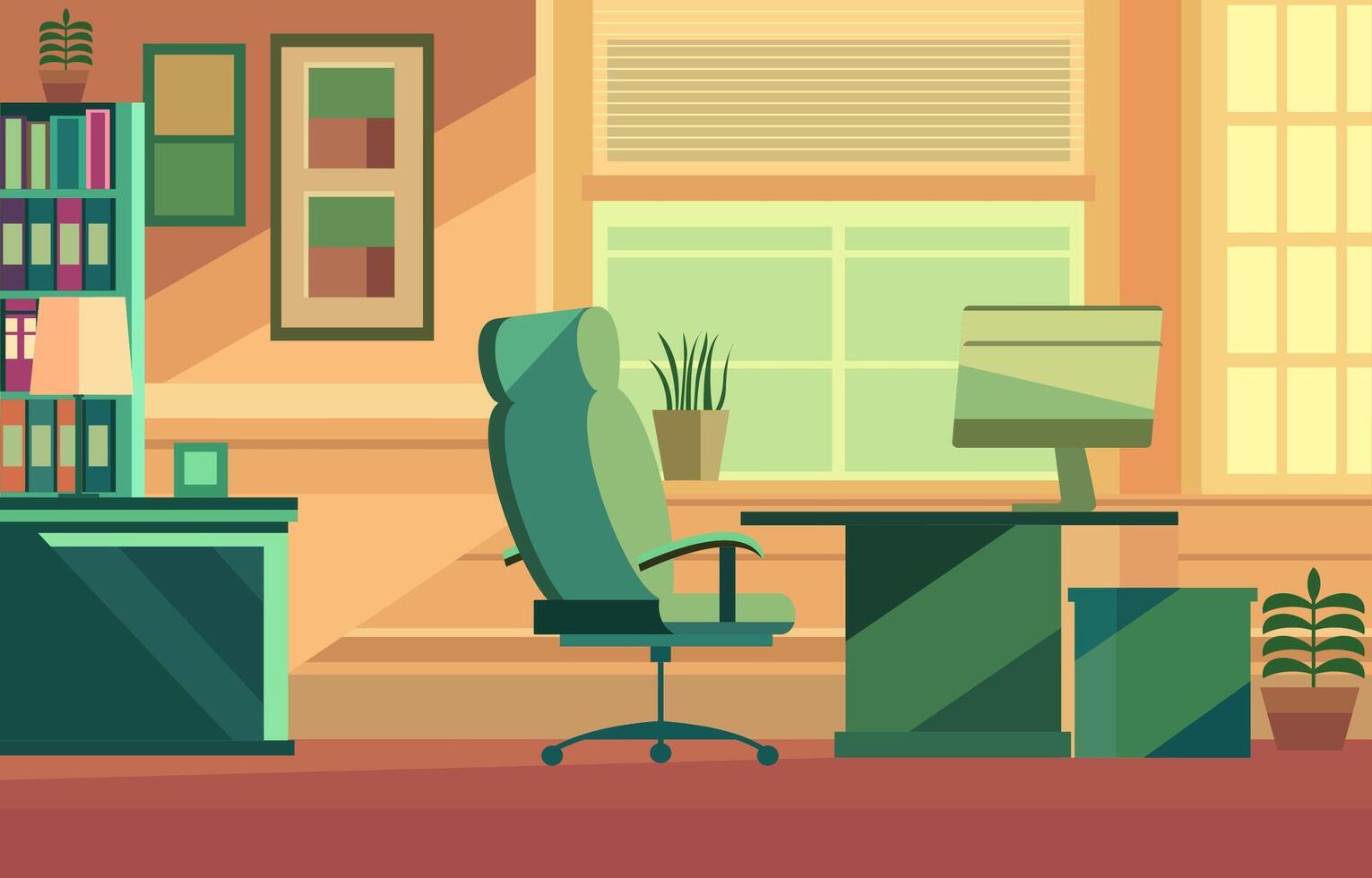 Flat Design Illustration of Modern Office Room with Monitor and Bookshelf in Workspace vector