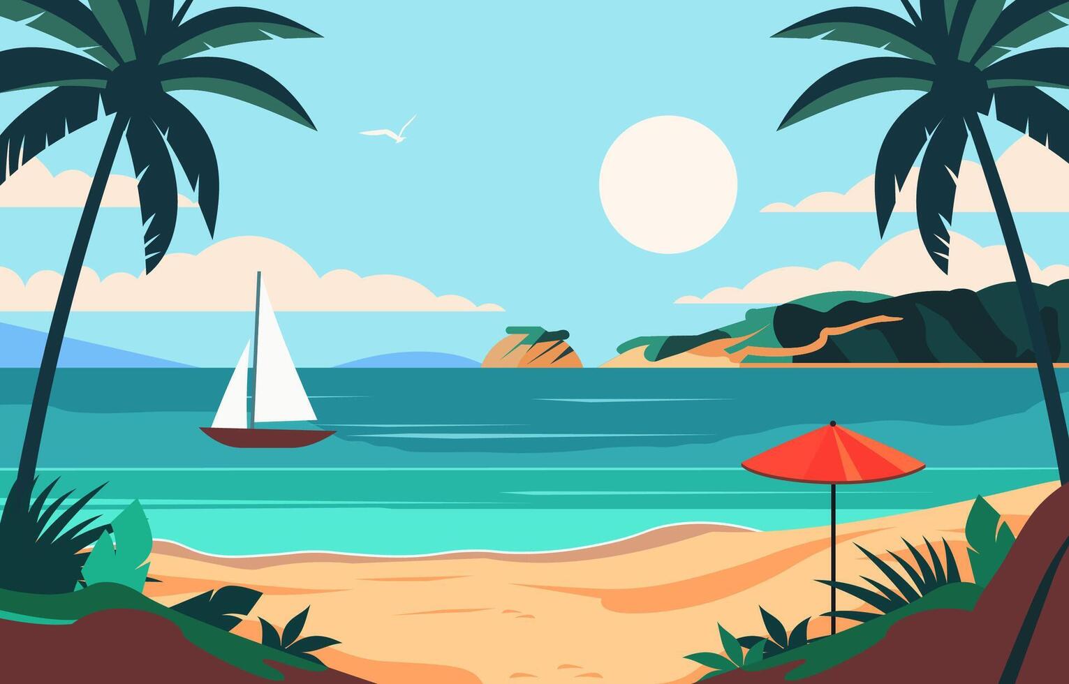 Flat Design of Beach Landscape in Summer with Boat Sailing on the Sea vector